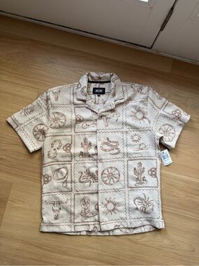 Malibu Beige Short-Sleeve Button-Up with Brown Western Icons